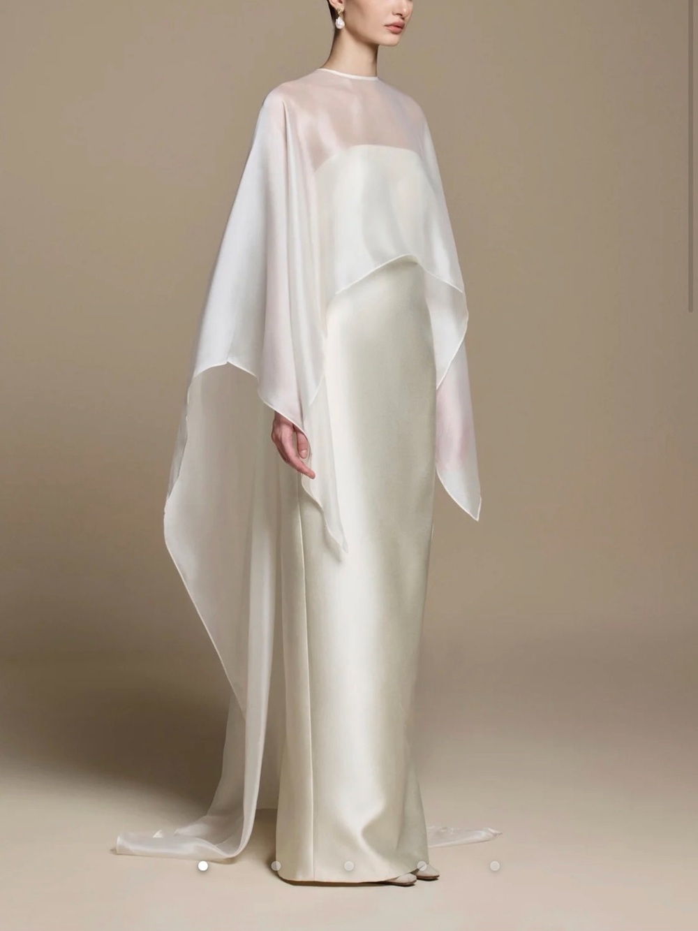 Strapless Ivory Satin Column Dress with Sheer Cape Overlay